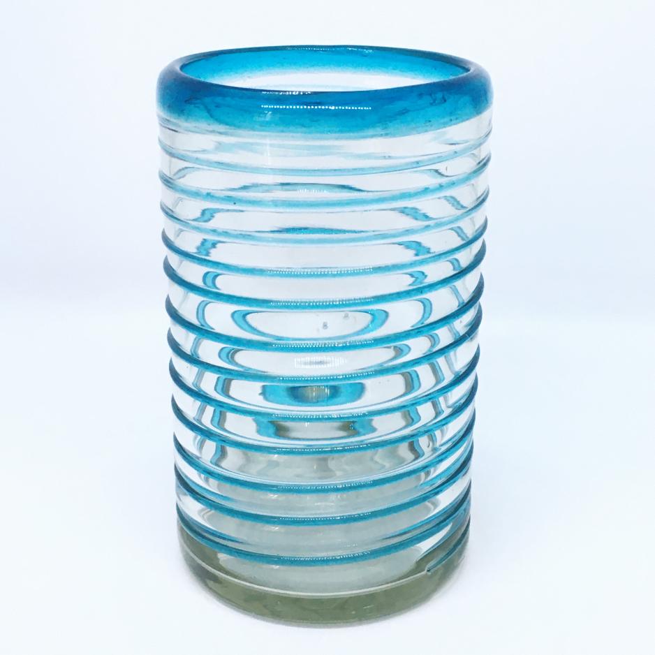 VIDRIO SOPLADO / Juego de 6 vasos grandes con espiral azul aqua / stos vasos son la combinacin perfecta de belleza y estilo, con espirales azul aqua alrededor.